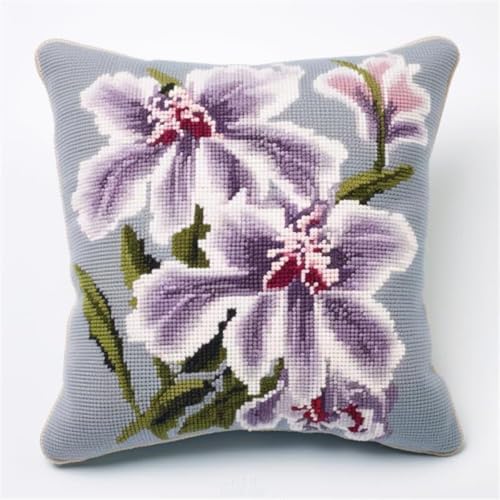 RKFLGEW DIY Stickpackung Kissen Lila Blumen DIY Haken Häkeln Garn Nadel Handwerk Einfache Handgemachte Kissen Für Home Sofa Dekoration 43x43cm von RKFLGEW