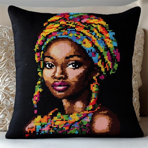 RKFLGEW DIY Stickpackung Kissen Porträt Einer Afrikanischen Frau Knüpfset Für Kissen，Diy，Handgefertigtes Wurfkissenbezug，Häkelgarn，Stickerei，Knüpfset Für Kissenbezüge 43x43cm von RKFLGEW