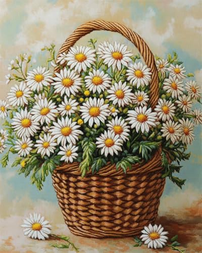 RKFLGEW DIY Stickperlen Gänseblümchen Blumen Im Korb Perlenstickerei Kit Weiße Blumen Nadelspitze Gobelin Kit Perlenstickerei Handarbeit Kit Perlen Kreuzstich Kit 50x70cm von RKFLGEW