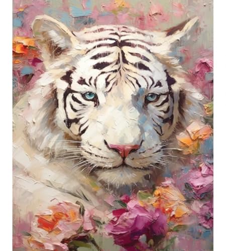 RKFLGEW DIY Stickset Für Erwachsene Fantasy Weißer Tiger Perlenstickerei Set Blumen Und Tiere Nadelspitze Handarbeitsset DIY Perlenmalerei 3D Wandteppich Perlen Kreuzstichset 50x70cm von RKFLGEW