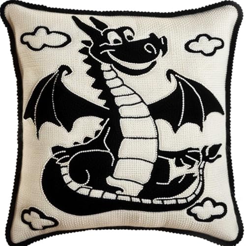 RKFLGEW DIY knüpfen set Schwarzer Drache knüpfstern Cartoon-TiereKnüpfhaken-Sets für Anfänger，handgefertigte Handarbeiten，DIY-Wurfkissen，Kunsthandwerk，Heimdekoration 43x43cm von RKFLGEW