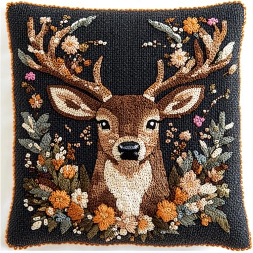 RKFLGEW DIY knüpfen set anfänger Hirsch Tier und Blumen Kits zur Herstellung von Kissenbezügen， Statement-Teppich, DIY Knüpfhaken-Kits für ein Starterprojekt 43x43cm von RKFLGEW