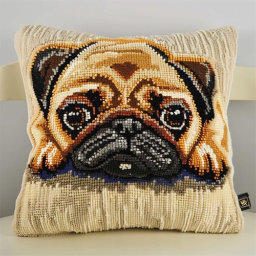 RKFLGEW DIY knüpfen set anfänger Mops Tier knüpfkissen mit vordruck Haustier Hund DIY Haken Häkeln Garn Nadel Handwerk einfache handgemachte Kissen für Home Sofa Dekoration 43x43cm von RKFLGEW