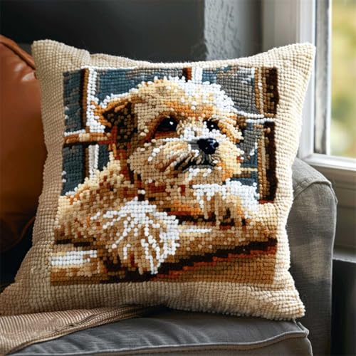 RKFLGEW DIY knüpfen set anfänger Süßer Hund knüpfkissen mit vordruck Cartoon-Tiere Knüpfhaken-Kissen-Set，DIY-Kissenbezug zum Basteln，bedruckte Leinwand für Anfänger，Stickerei，Bastelkissen 43x43cm von RKFLGEW