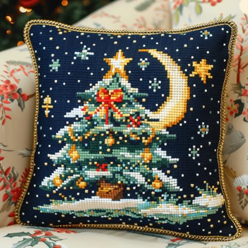 RKFLGEW DIY knüpfen set anfänger Weihnachtsbaum knüpfkissen mit vordruck Sternenhimmel-Landschaft Knüpfset für Kissen，DIY，handgefertigtes Kissen，Häkelgarn，Stickerei，Knüpfset für Kissenbezüge 43x43cm von RKFLGEW