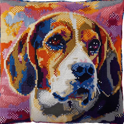 RKFLGEW DIY knüpfen set erwachsene Beagle Tier knüpfkissen Farbiger Hund DIY Haken-Knüpfset，Kissenbezug，Teppich，bedrucktes Kissen，Häkelgarn，Stickerei，Dekoration，Anfänger-Knüpfset 43x43cm von RKFLGEW