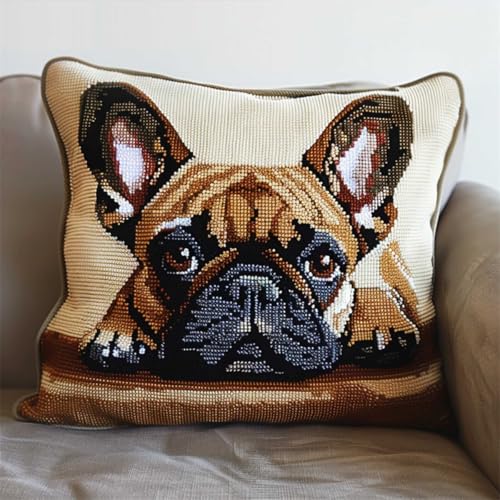 RKFLGEW DIY knüpfen set erwachsene Bulldogge Tier knüpfkissen Haustier Hund DIY Wurfkissenbezug，Sofakissenbezug mit bedruckter Leinwand für Anfänger und Erwachsene mit vorgedrucktem Muster 43x43cm von RKFLGEW