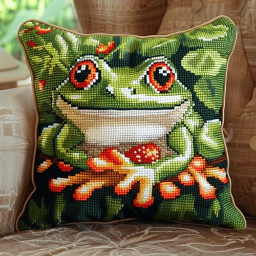 RKFLGEW DIY knüpfen set erwachsene Cartoon-Frosch knüpfkissen Süße Tiere DIY Haken-Knüpfset，Kissenbezug，Teppich，bedrucktes Kissen，Häkelgarn，Stickerei，Dekoration，Anfänger-Knüpfset 43x43cm von RKFLGEW