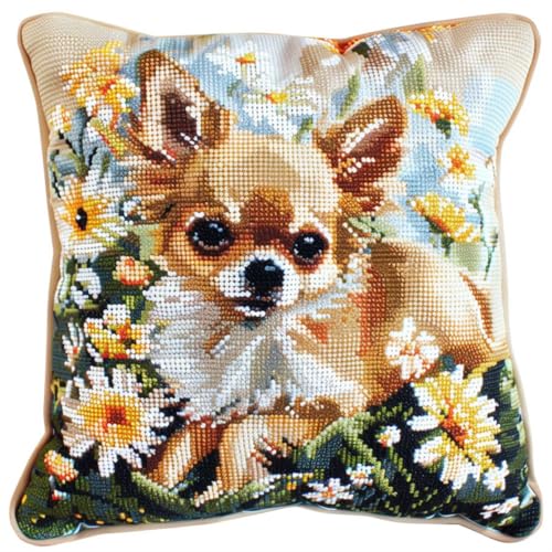 RKFLGEW DIY knüpfen set erwachsene Chihuahua-Tier knüpfkissen Hund und Blumen Bezug Knüpfhaken-Kissenbezug，DIY-Kissenbezug-Set，Kissenbezug-Bastelsets für Erwachsene mit bedruckter Leinwand 43x43cm von RKFLGEW