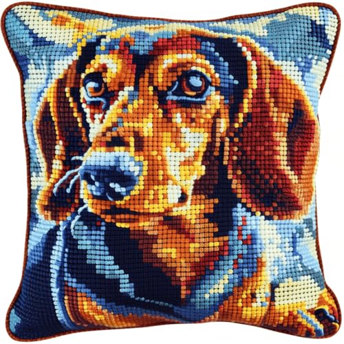 RKFLGEW DIY knüpfen set erwachsene Dackel Tier knüpfkissen set Cartoon-Hund Kissenbezug zum Selbermachen für Anfänger und Erwachsene，Geschenke für Familie，Freunde，Handarbeiten，Basteln，Hakense 43x43cm von RKFLGEW