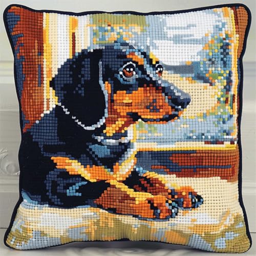 RKFLGEW DIY knüpfen set erwachsene Dackel Tier knüpfkissen set Haustier Hund DIY-Kissenbezug，Häkelgarn，Nadel，Basteln，handgefertigtes Kissen für Zuhause，Sofa-Dekoration 43x43cm von RKFLGEW