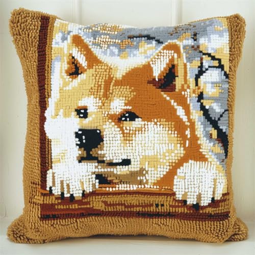 RKFLGEW DIY knüpfen set erwachsene Karikatur，Akita，Hund knüpfkissen Hund Tier Knüpfset für Kissen，DIY，handgefertigtes Kissen，Häkelgarn，Stickerei，Knüpfset für Kissenbezüge 43x43cm von RKFLGEW