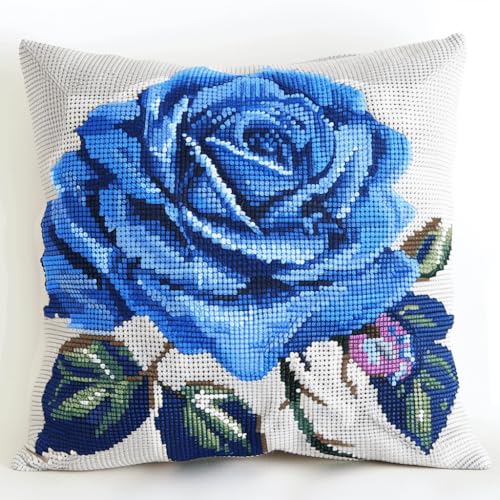 RKFLGEW DIY knüpfen set erwachsene blaue Rose knüpfkissen set Fantasieblumen DIY Knüpfhaken-Set，Kissen，bedrucktes Kissen，Häkelgarn，Stickerei，Handarbeit，Stickset 43x43cm von RKFLGEW