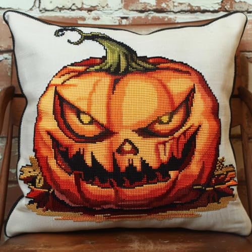 RKFLGEW DIY knüpfen set erwachsene kissen Halloween Kürbis DIY Knüpfkissen-Set, Anfänger, Erwachsene, Teenager, Geschenk, Stickerei, Heimdekoration 43x43cm von RKFLGEW