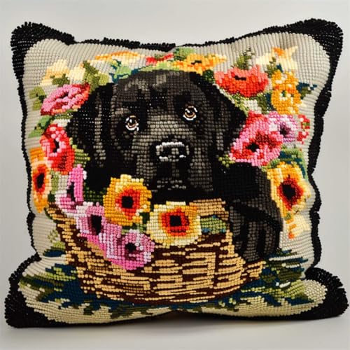 RKFLGEW DIY knüpfen set erwachsene labrador retriever tier knüpfkissen Hund und Blumenkorb 3D-Kissen-Materialpaket，Knüpfhaken-Sticksets，DIY-Teppichkissen，Häkelkissenbezug für Zuhause 43x43cm von RKFLGEW