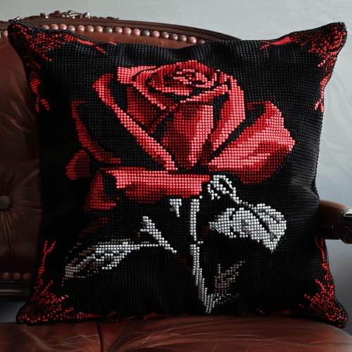 RKFLGEW DIY knüpfen set erwachsene rote Rose knüpfkissen set FantasieblumenKnüpfhaken-Sets für Anfänger，handgefertigte Handarbeiten，DIY-Wurfkissen，Kunsthandwerk，Heimdekoration 43x43cm von RKFLGEW