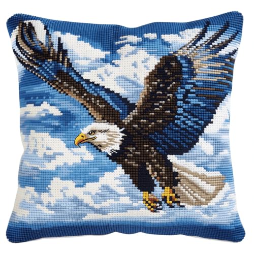 RKFLGEW DIY knüpfen set kissen Adler Tier knüpfhaken set Fliegender Vogel Knüpfhaken-Kissen-Set，DIY-Kissenbezug zum Basteln，bedruckte Leinwand für Anfänger，Stickerei，Bastelkissen 43x43cm von RKFLGEW