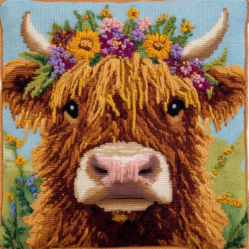 RKFLGEW DIY knüpfen set kissen Hochlandrinder, Tiere und Blumen DIY Knüpfkissen-Set, Anfänger, Erwachsene, Teenager, Geschenk, Stickerei, Heimdekoration 43x43cm von RKFLGEW