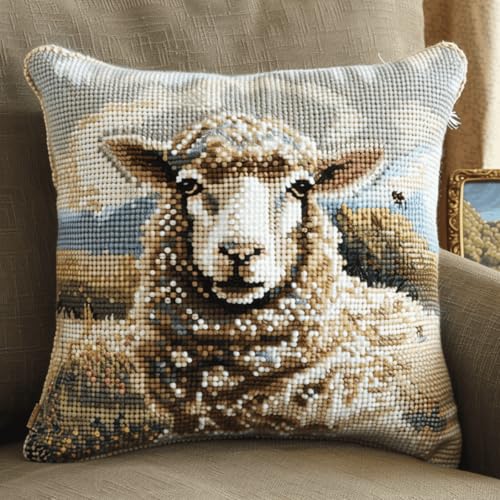 RKFLGEW DIY knüpfen set kissen Schaf Tier knüpfhaken set Tierportraits DIY-Kissenbezug，Häkelgarn，Nadel，Basteln，handgefertigtes Kissen für Zuhause，Sofa-Dekoration 43x43cm von RKFLGEW