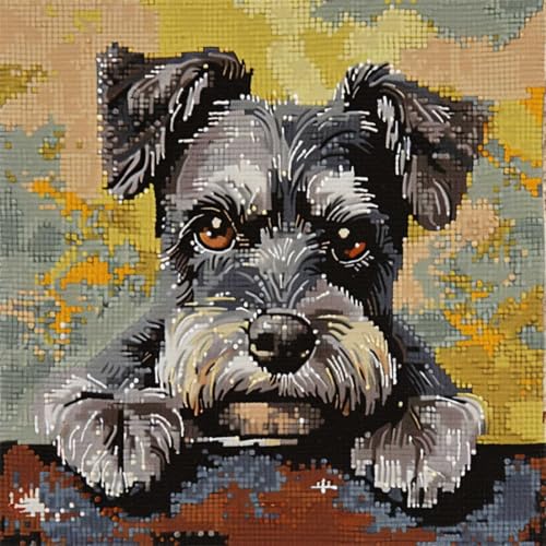 RKFLGEW DIY knüpfen set kissen Schnauzer Tier knüpfhaken set Süßer Hund Knüpfset für Kissen，DIY，handgefertigtes Kissen，Häkelgarn，Stickerei，Knüpfset für Kissenbezüge 43x43cm von RKFLGEW