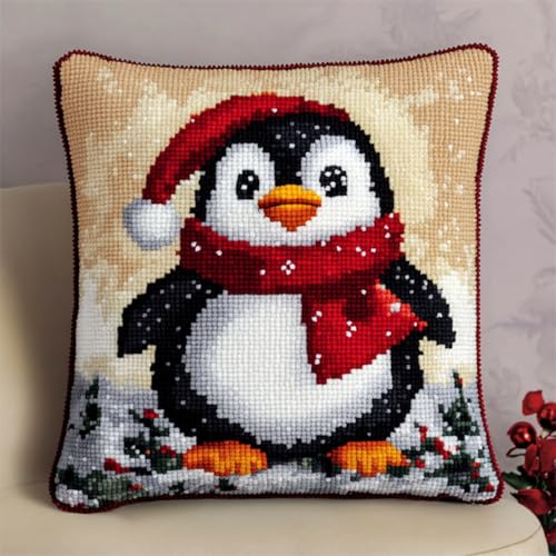 RKFLGEW DIY knüpfhaken set Cartoon-Pinguin-Tier DIY-Kreuzstich-Sofakissenbezug mit Knüpfwerkzeug, passend für Jugendliche und Erwachsene. Knüpfhaken-Kissenbezug-Set 43x43cm von RKFLGEW