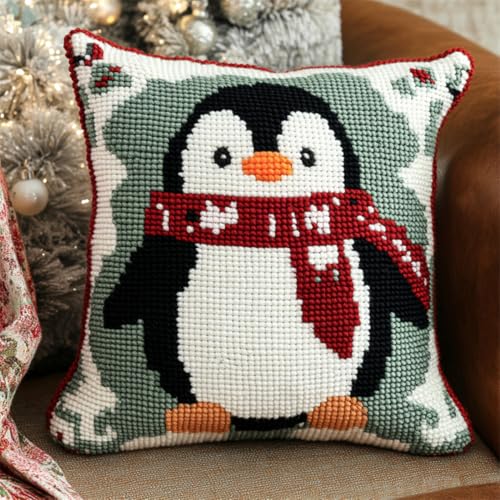 RKFLGEW DIY knüpfkissen mit vordruck Cartoon-Pinguin-Tier Kits zur Herstellung von Kissenbezügen， Statement-Teppich, DIY Knüpfhaken-Kits für ein Starterprojekt 43x43cm von RKFLGEW