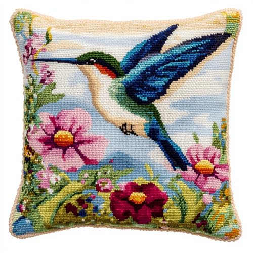 RKFLGEW DIY knüpfkissen mit vordruck Fantasieblumen, Vögel und Tiere DIY-Kissenbezug, Häkelgarn, Nadel, Basteln, handgefertigtes Kissen für Zuhause, Sofa-Dekoration 43x43cm von RKFLGEW