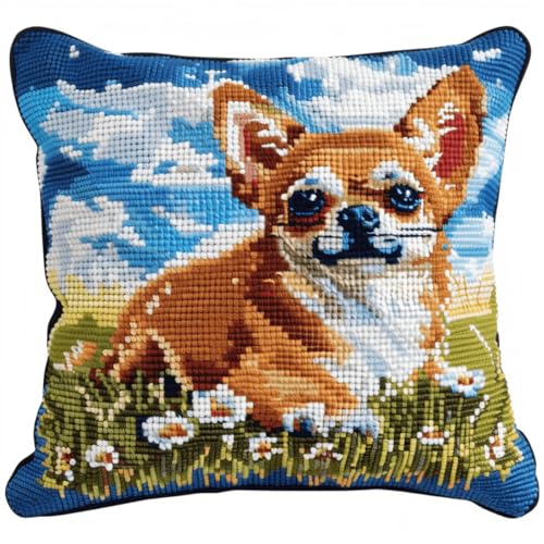 RKFLGEW DIY stickpackung kissen Chihuahua Hund Tier knüpfen set erwachsene kissen weiße Blumen DIY Haken Häkeln Garn Nadel Handwerk einfache handgemachte Kissen für Home Sofa Dekoration 43x43cm von RKFLGEW