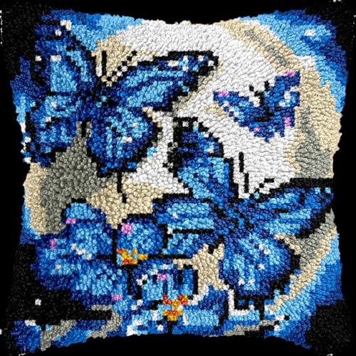 RKFLGEW DIY stickpackung kissen blauer Schmetterling und Mond Knüpfhaken-Sets für Anfänger, handgefertigte Handarbeiten, DIY-Wurfkissen, Kunsthandwerk, Heimdekoration 43x43cm von RKFLGEW