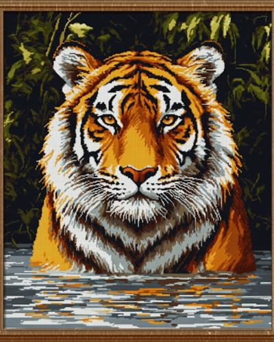 RKFLGEW Diy-Stickerei-Set Aus Rocailles-Perlen，Tierporträts，Perlenstickerei-Set，Tiger Im Wasser，Kreuzstich，Nadelspitze，Handarbeit，Gobelin-Set，Perlen-Stickmuster 3D 50x70cm von RKFLGEW