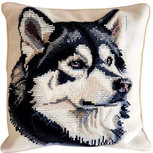 RKFLGEW Haken-Knüpfset, Husky-Hund, Tier, Knüpfkissen-Set, Diy-Kissenbezugherstellung, Basteln, Bedruckte Leinwand Für Anfänger, Sticken, Basteln Von Kissen 43x43cm von RKFLGEW