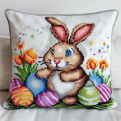 RKFLGEW Knüpfkissen-Set Mit Hase Und Ostereiern，Gestempeltes Kissen，Knüpfkissen-Set Mit Cartoon-Tieren，Diy-Knüpfkissen-Set Für Anfänger，Erwachsene，Teenager，Geschenk，Stickerei，Heimdekoratio 43x43cm von RKFLGEW