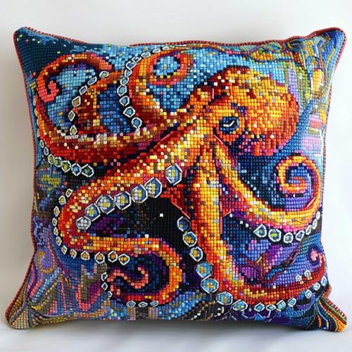 RKFLGEW Knüpfkissen-Set Mit Oktopus-Tiermotiv，Nähset Für Kissenbezüge，Diy-Sets Mit Häkelgarn，Sticksets，Sets Zur Herstellung Von Kissenbezügeneiller/Housse De Coussin 43x43cm von RKFLGEW