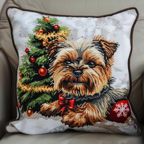 RKFLGEW Knüpfkissenset Yorkshire Terrier Tiergeprägtes Kissen Knüpfkissenset Cartoon Weihnachtsbaum 3D Kissen Materialpaket Knüpfset Stickpackungen Diy Teppich Kissen Häkelkissen 43x43cm von RKFLGEW