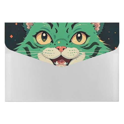 Anime-Dokumentenmappe mit grüner Katze, mit 6 Taschen, Akkordeon-Aktenordner, tragbarer Dokumentenpapier, Quittungen, Organizer, Ordner, Bürobedarf, 33 x 23 cm von RKJVB