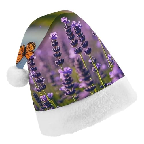 RKJVB Weihnachtsmütze mit Lavendel und Schmetterlingen für Damen und Herren, Weihnachtsmütze, Weihnachtsfeier, Strumpfmütze, Totenkopfmütze, Größe S von RKJVB