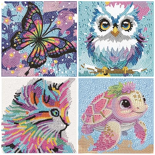 RLXMARTD 4 Pcs Cartoon Diamond Painting Kinder,Animal Mosaic Art Diamantmalerei für Geschenke und Wanddekorationen,Jungen, Mädchen, Anfänger, 15X15CM kein Rahmen (Panda+Meeresschildkröte+Eule+Kuh) von RLXMARTD