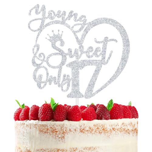 RLXPT Happy 17th Birthday Cake Topper, Young Sweet & Only 17 Cake Decorations, Dancing Queen 17, 17th Birthday Party Decorations Silver Glitter von RLXPT