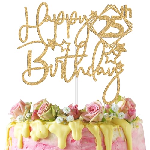 Tortenaufsatz "Happy 25th Birthday", Cheers to 25 Years/Twenty Five Cake Decor, Funny 25th Birthday Party Decoration Supplies, Gold Glitter von RLXPT