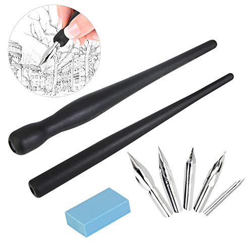 RMENOOR Federhalter Kalligraphie Manga Zeichenfeder Schreibfeder Zeichen Feder Stifthalter Set Zeichnung Comic Pen Nib Holder mit 2 Federhalter 5 Federn 1 Radiergummi für Karikaturisten Künstler von RMENOOR