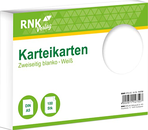 RNKVERLAG 114750 - Karteikarten blanko weiß, DIN A5, 1 Packung à 100 Karten von RNKVERLAG