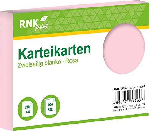 RNKVERLAG 114763 - Karteikarten blanko rosa, DIN A6, 1 Packung à 100 Karten von RNKVERLAG