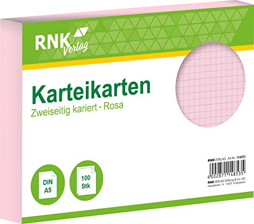 RNKVERLAG 114853 - Karteikarten kariert 5 mm, rosa, DIN A5, 1 Packung à 100 Karten von RNKVERLAG