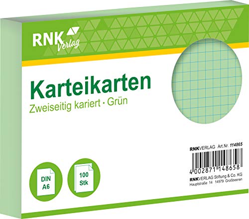 RNKVERLAG 114865 - Karteikarten kariert 5 mm, grün, DIN A6, 1 Packung à 100 Karten von RNKVERLAG