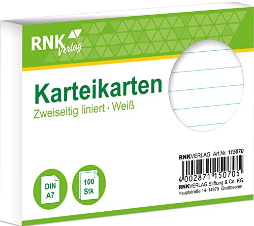 RNKVERLAG 115070 - Karteikarten liniert 7 mm, weiß, DIN A7, 1 Packung à 100 Karten von RNKVERLAG