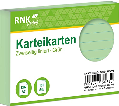 RNKVERLAG 115075 - Karteikarten liniert 7 mm, grün, DIN A7, 1 Packung à 100 Karten von RNKVERLAG