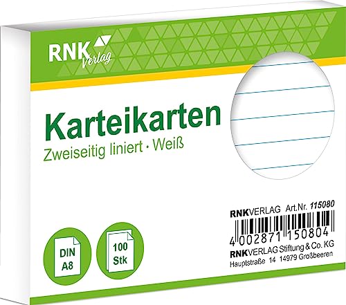 RNKVERLAG 115080 - Karteikarten liniert, 5 mm weiß, DIN A8, 1 Packung à 100 Karten von RNKVERLAG