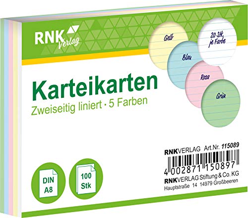 RNKVERLAG 115089 - Karteikarten liniert 5mm, mehrere Farben, DIN A8, 1 Packung à 100 Karten von RNKVERLAG