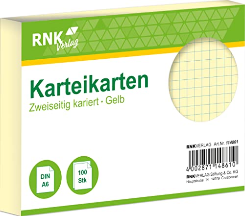 RNK 114861 - Karteikarten kariert 5 mm, gelb, DIN A6, 1 Packung à 100 Karten von RNKVERLAG