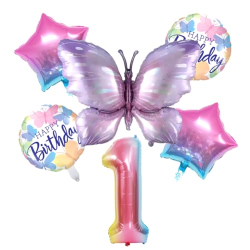 Schmetterling Folie Ballon Pack 1st Geburtstag Dekoration Schmetterling Thema Party Supplies Nummer 1 Ballon Set Erstes Geburtstagsgeschenk für 1-Jahr alte Mädchen Geburtstag 6Pcs von RNNHDYT